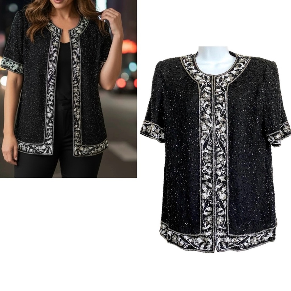 Vintage Laurence Kazar Black Silk Beaded Jacket Top Sz Large Elegant Regency